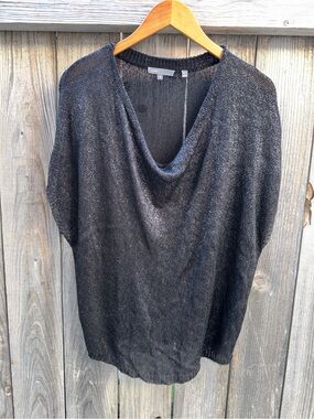 Vince Women's Drape Neck Sweater Black Metallic Dolman Short Sleeves Medium